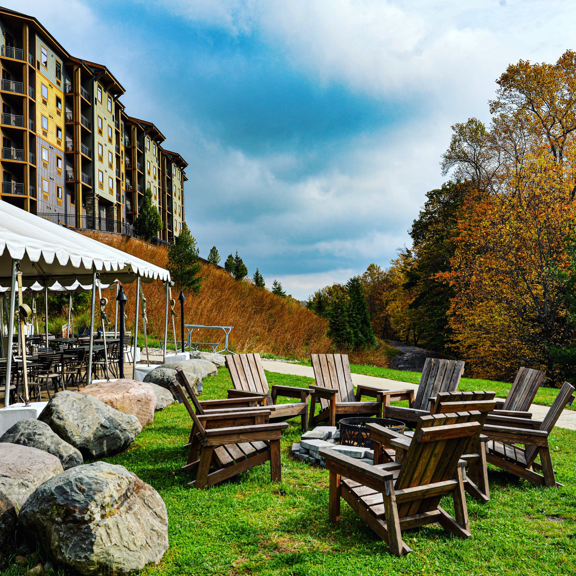 Firepit chairs in peak fall colour, Catskills, New York