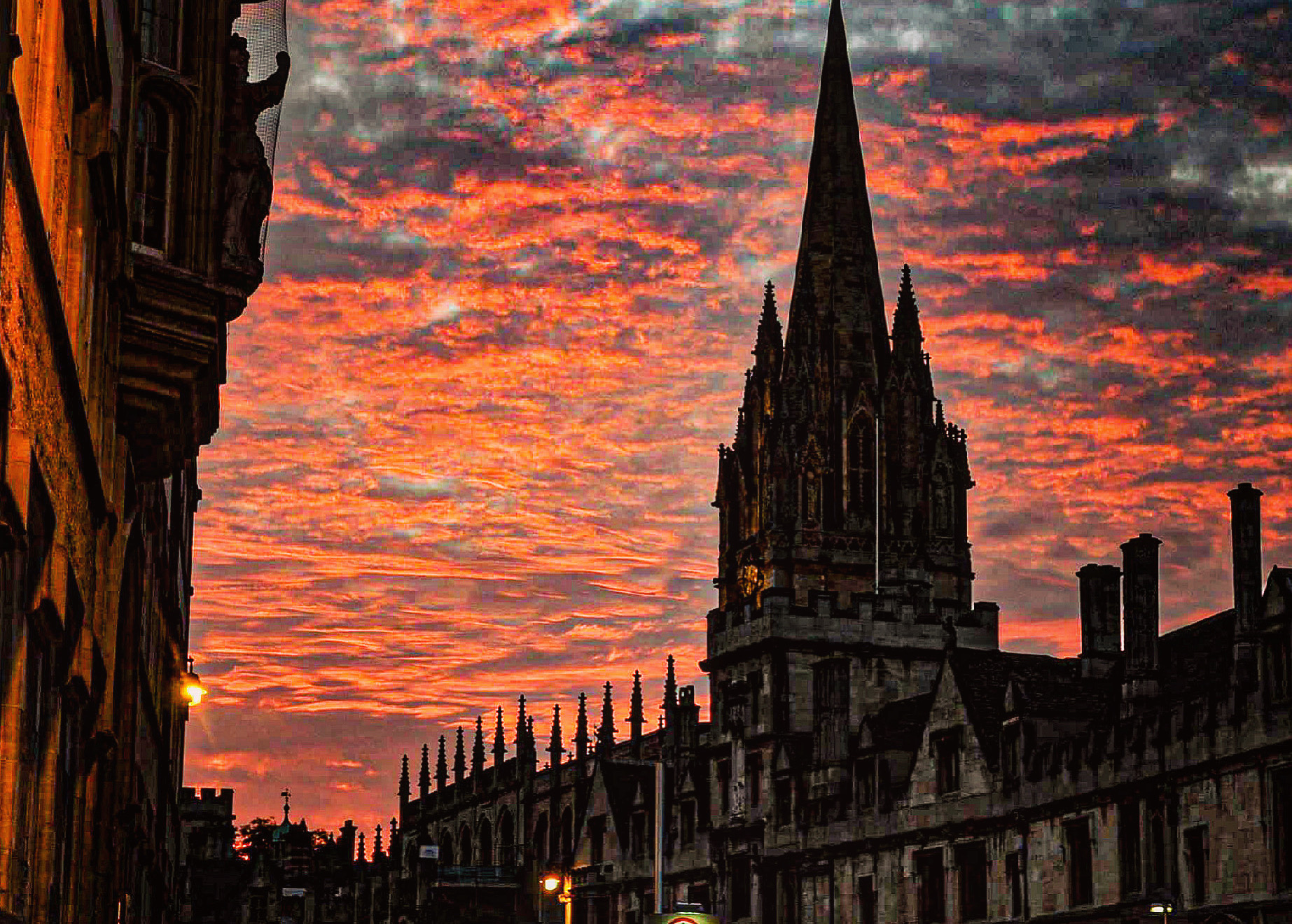 Spires under a burning sky, Oxford, England